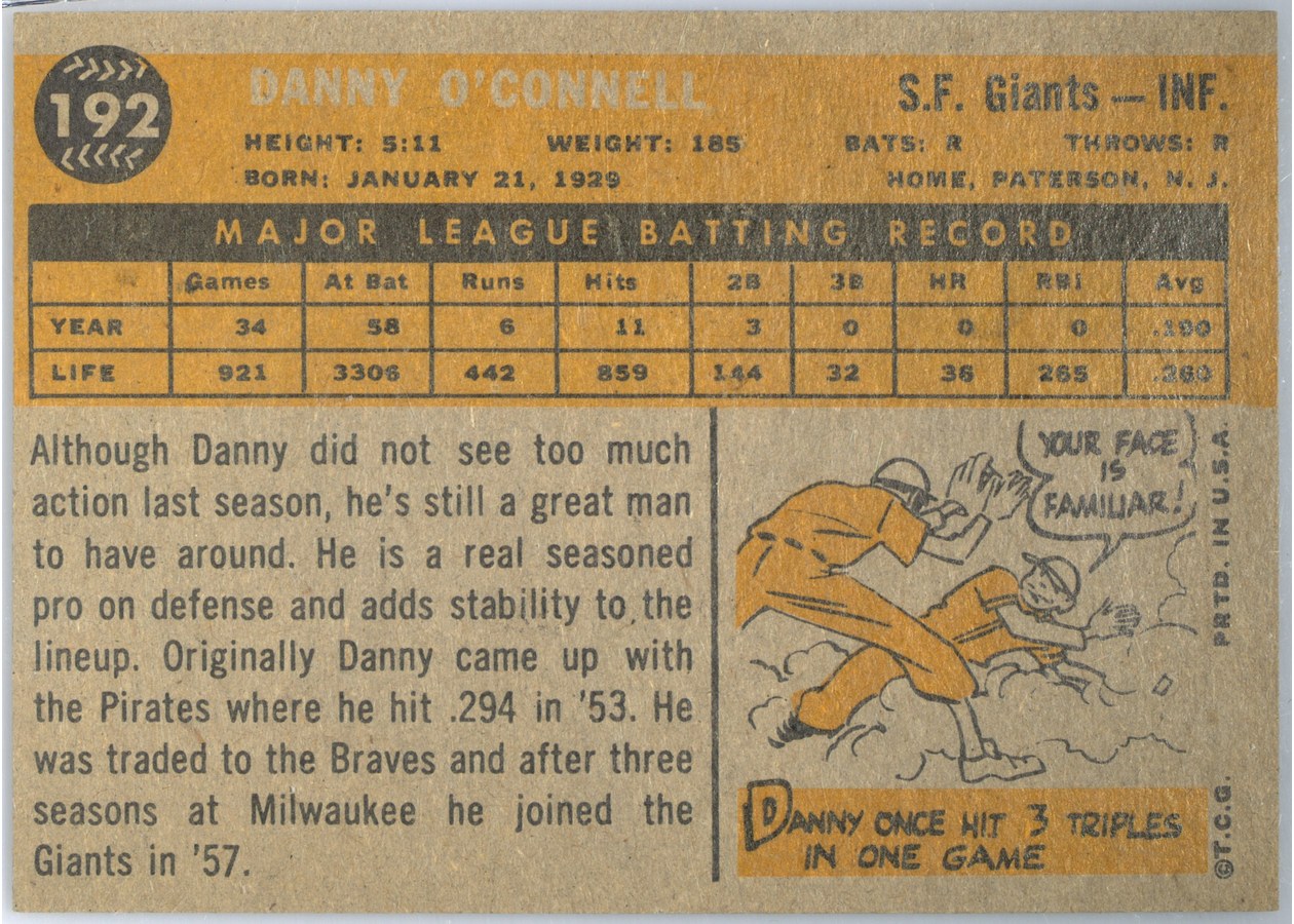 1960 Topps #192 Danny O'Connell card back