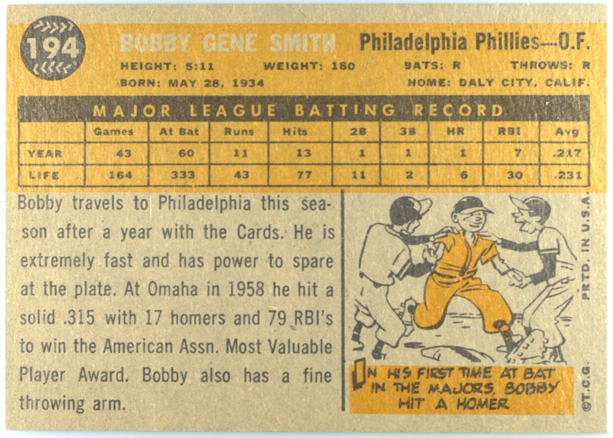 1960 Topps #194 Bobby Gene Smith card back