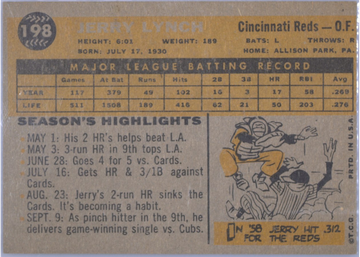 1960 Topps #198 Jerry Lynch card back