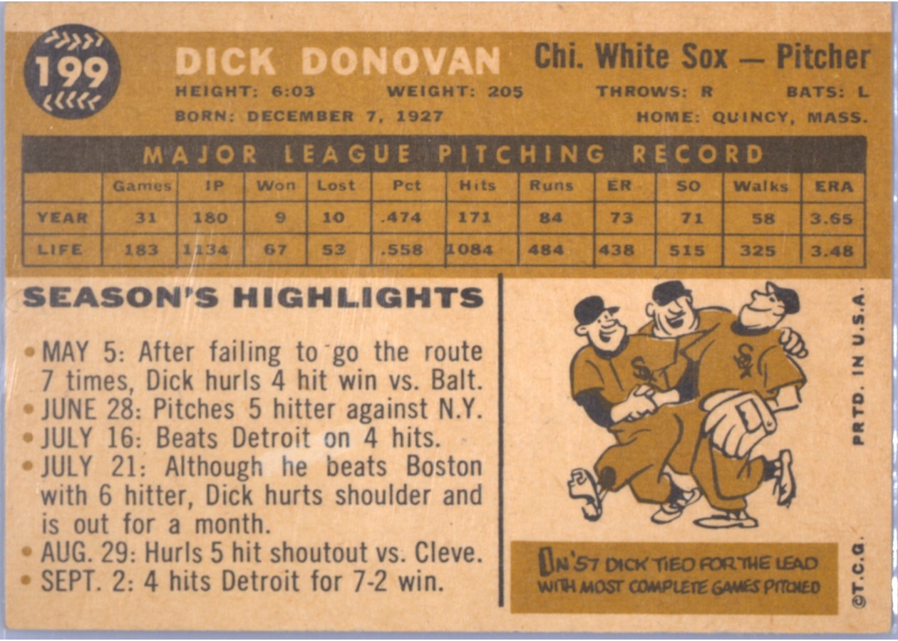 1960 Topps #199 Dick Donovan card back