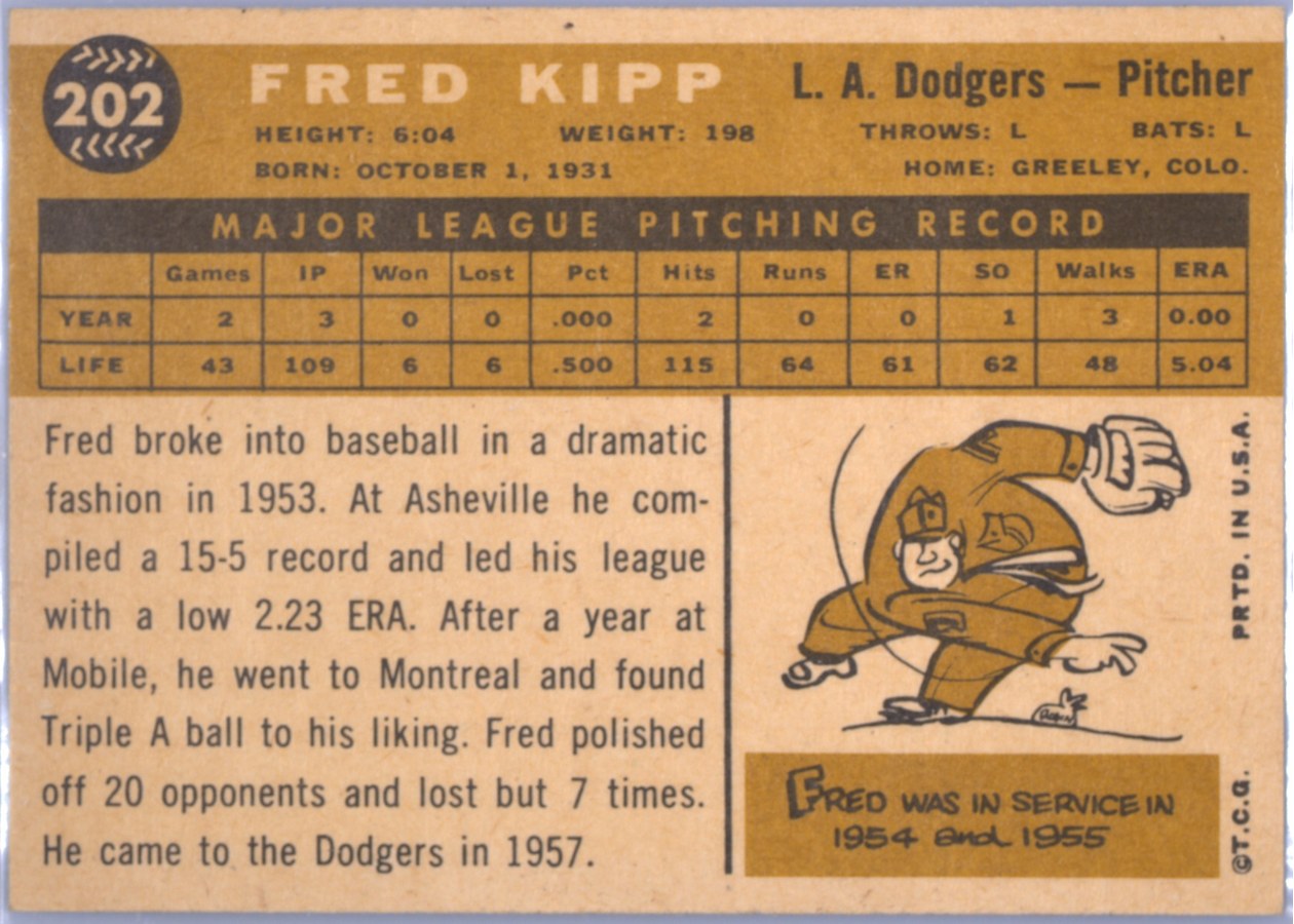 1960 Topps #202 Fred Kipp card back
