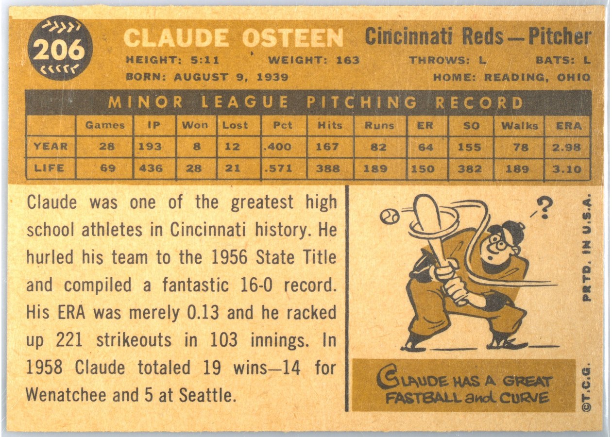 1960 Topps #206 Claude Osteen card back