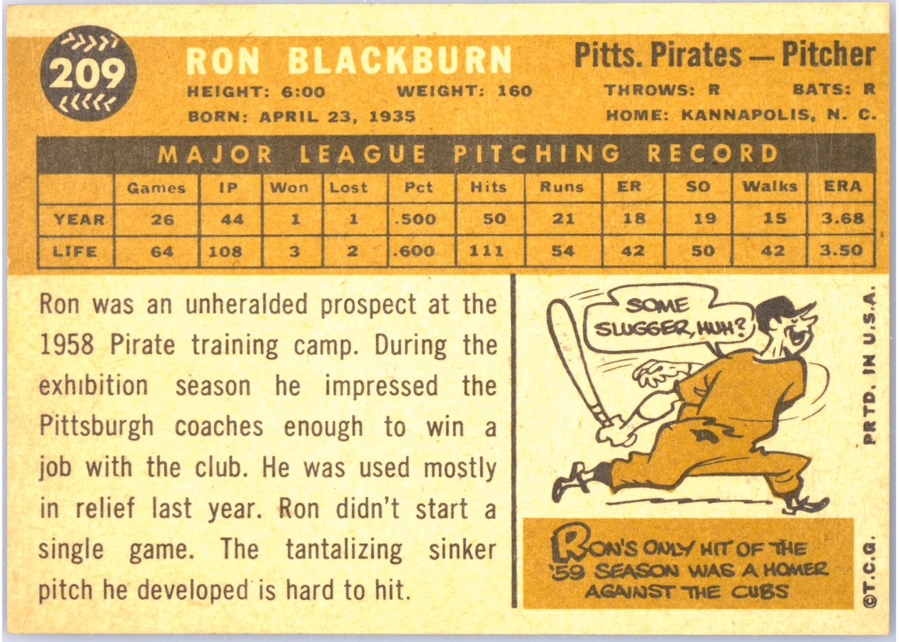 1960 Topps #209 Ron Blackburn card back