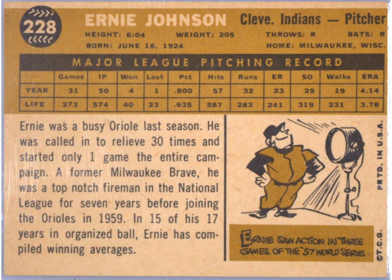 1960 Topps #228 Ernie Johnson card back