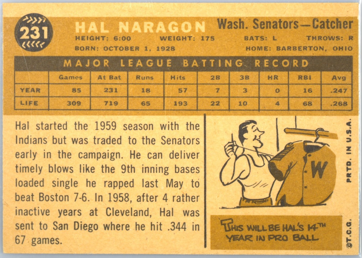 1960 Topps #231 Hal Naragon card back