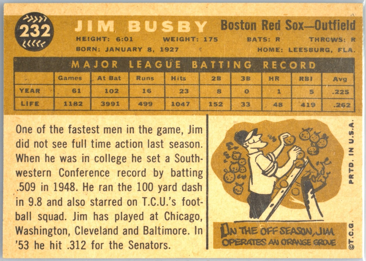 1960 Topps #232 Jim Busby card back