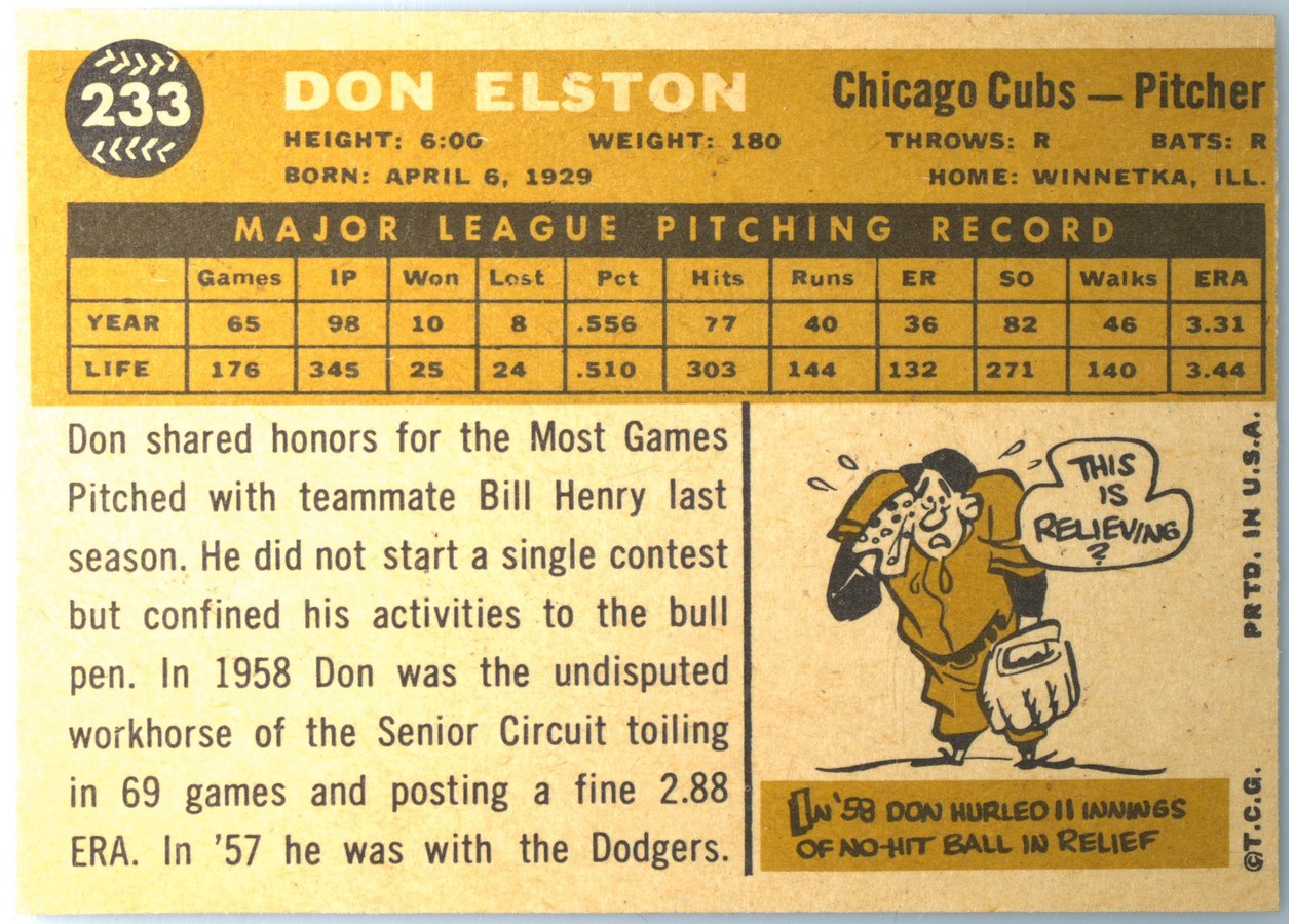 1960 Topps #233 Don Elston card back