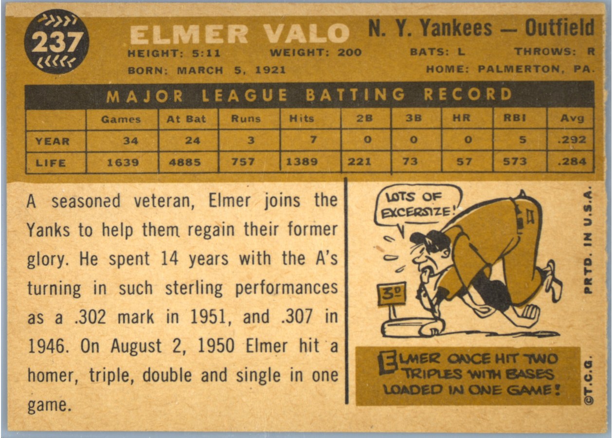 1960 Topps #237 Elmer Valo card back