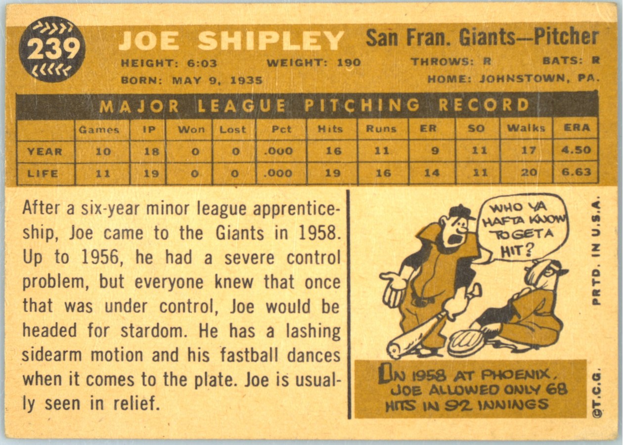 1960 Topps #239 Joe Shipley card back