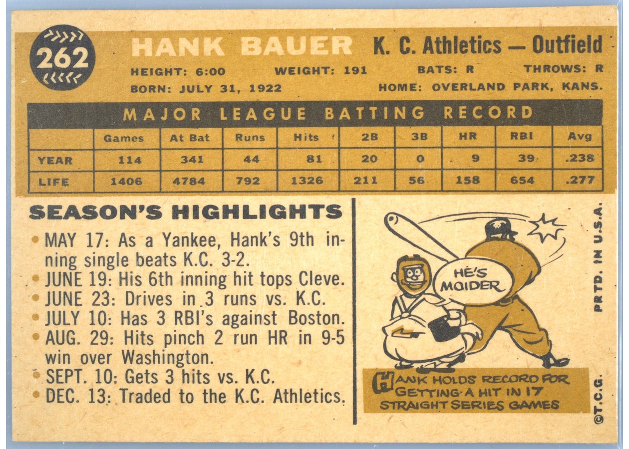 1960 Topps #262 Hank Bauer card back