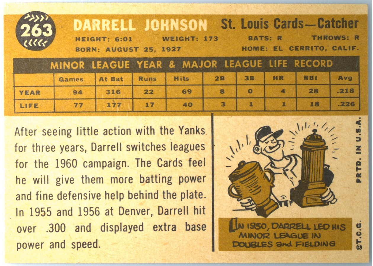 1960 Topps #263 Darrell Johnson card back