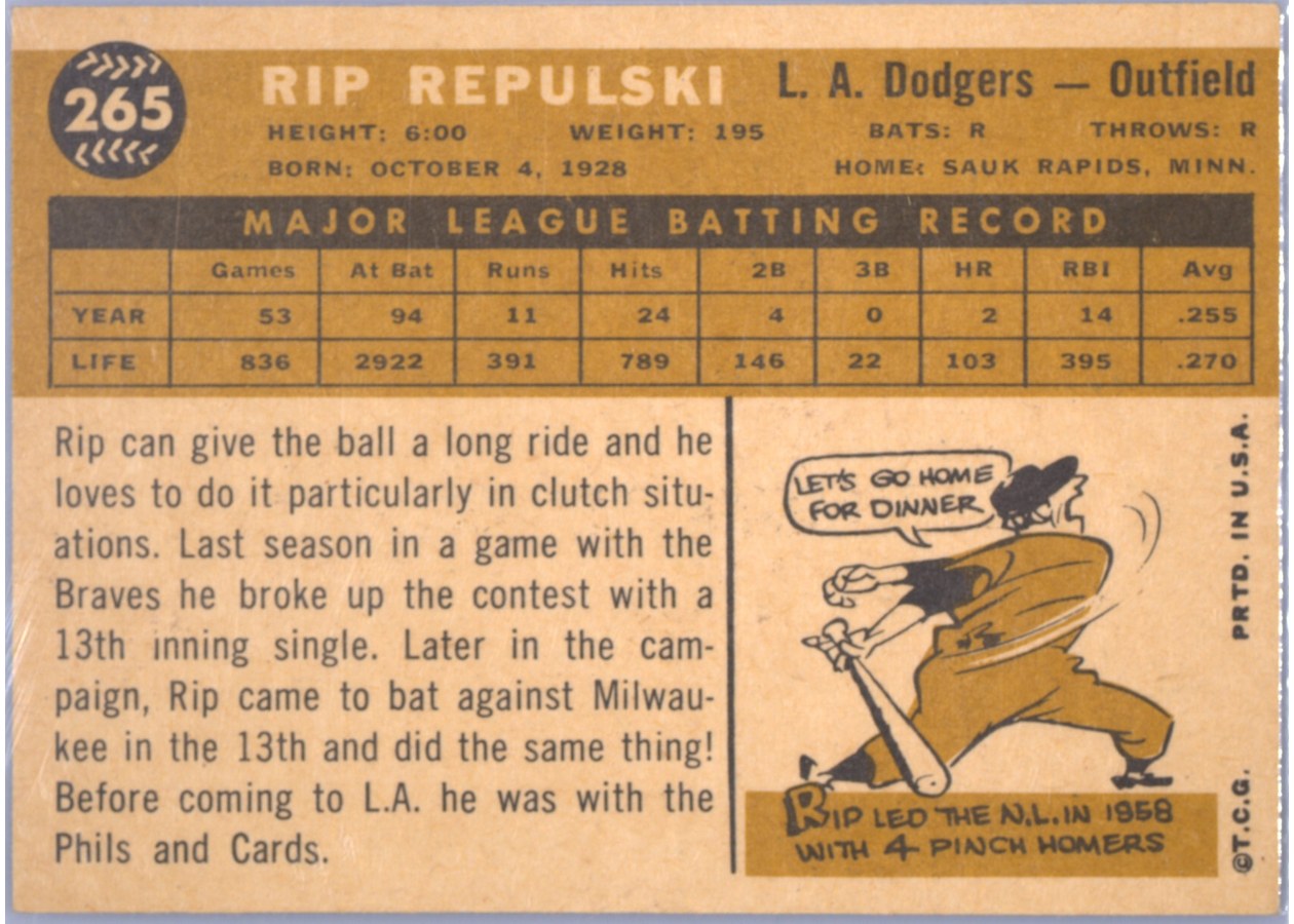 1960 Topps #265 Rip Repulski card back