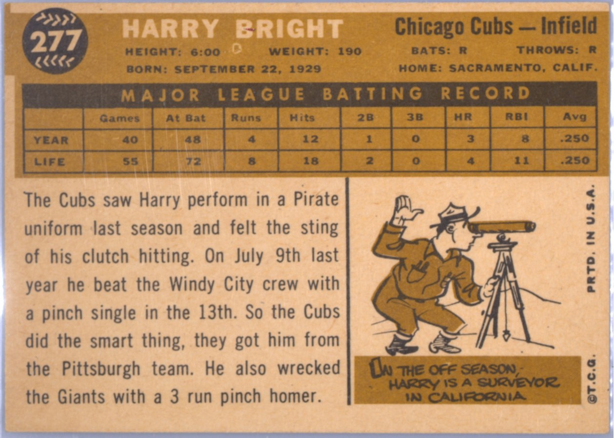 1960 Topps #277 Harry Bright card back