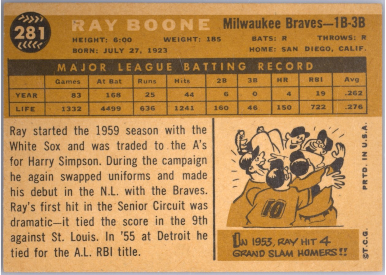 1960 Topps #281 Ray Boone card back