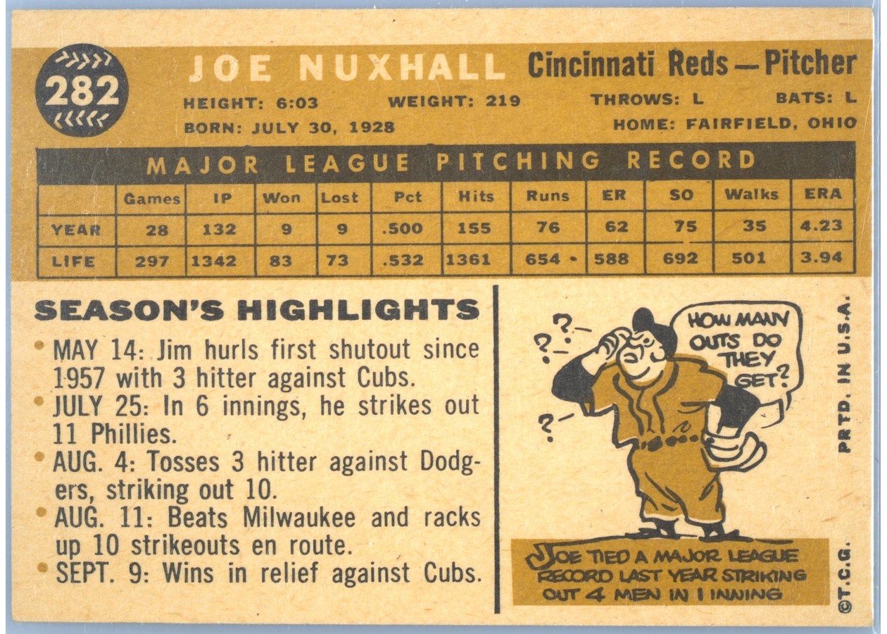 1960 Topps #282 Joe Nuxhall card back