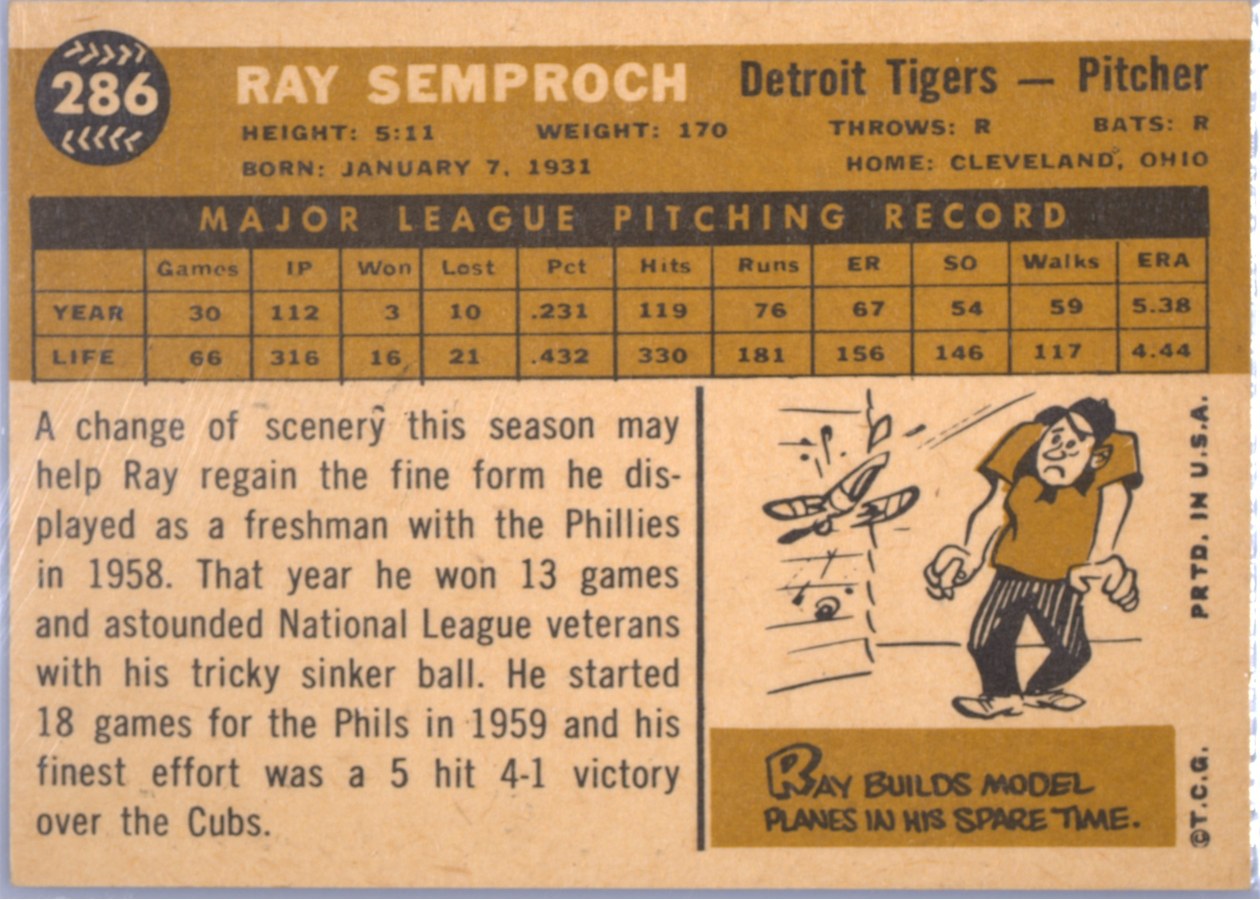 1960 Topps #286 Ray Semproch card back