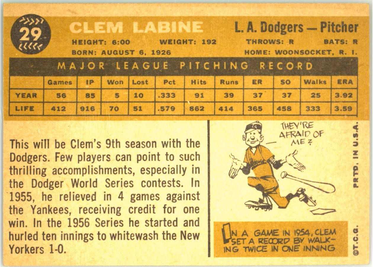 1960 Topps #29 Clem Labine card back