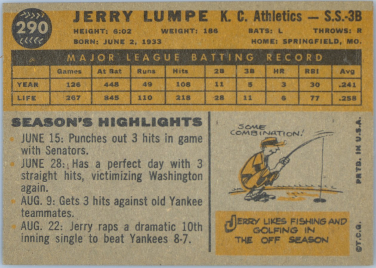 1960 Topps #290 Jerry Lumpe card back