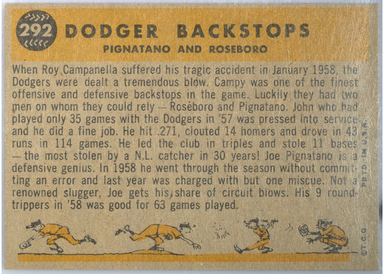 1960 Topps #292 Dodger Backstops card back