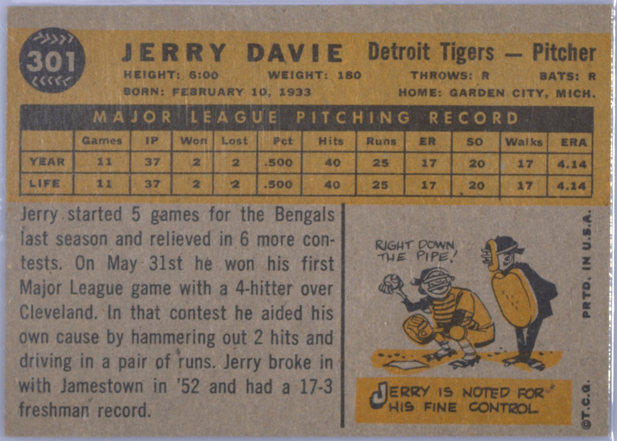 1960 Topps #301 Jerry Davie card back