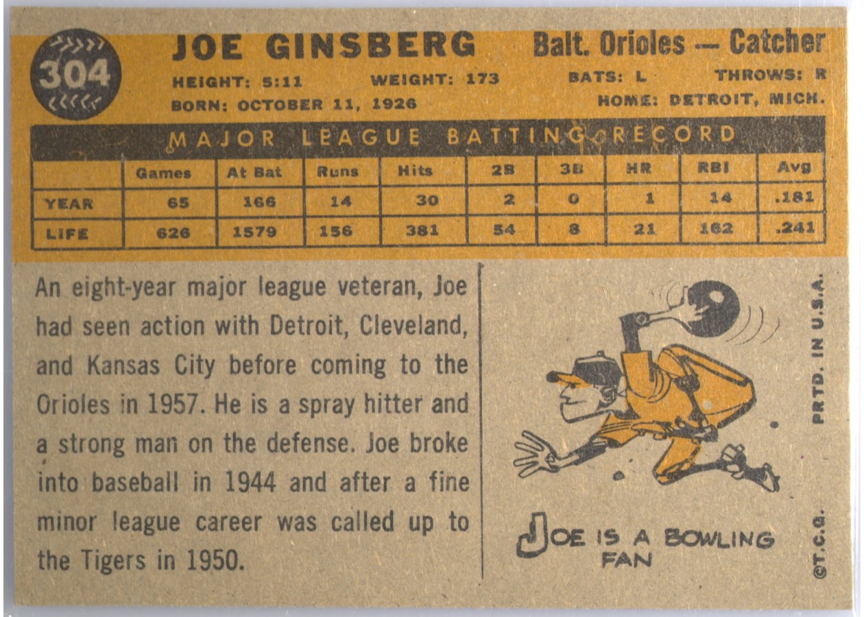 1960 Topps #304 Joe Ginsberg card back