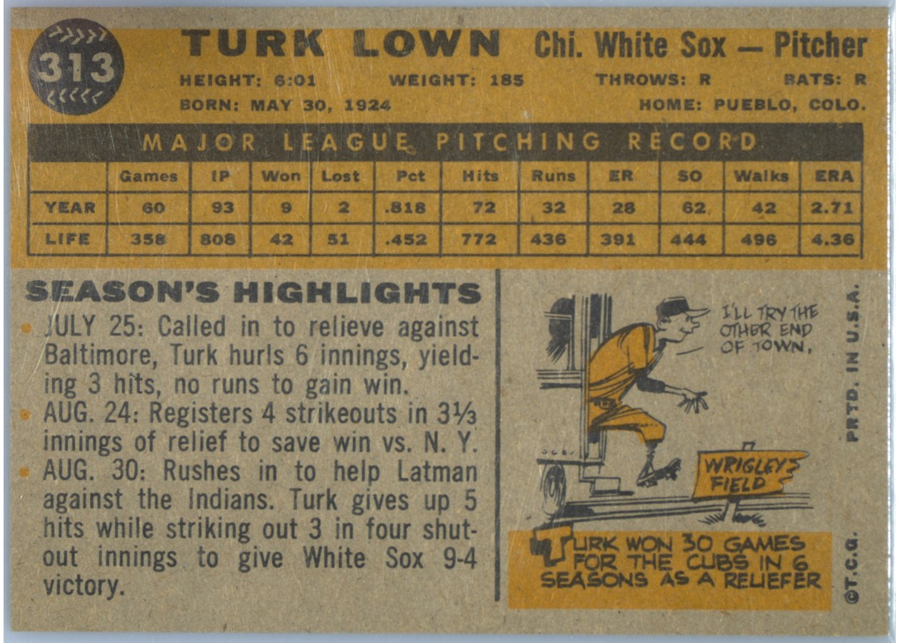 1960 Topps #313 Turk Lown card back