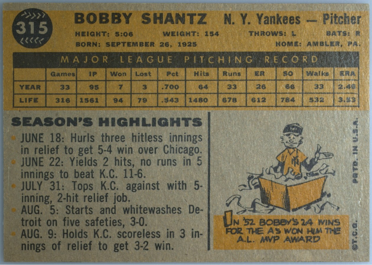 1960 Topps #315 Bobby Shantz card back