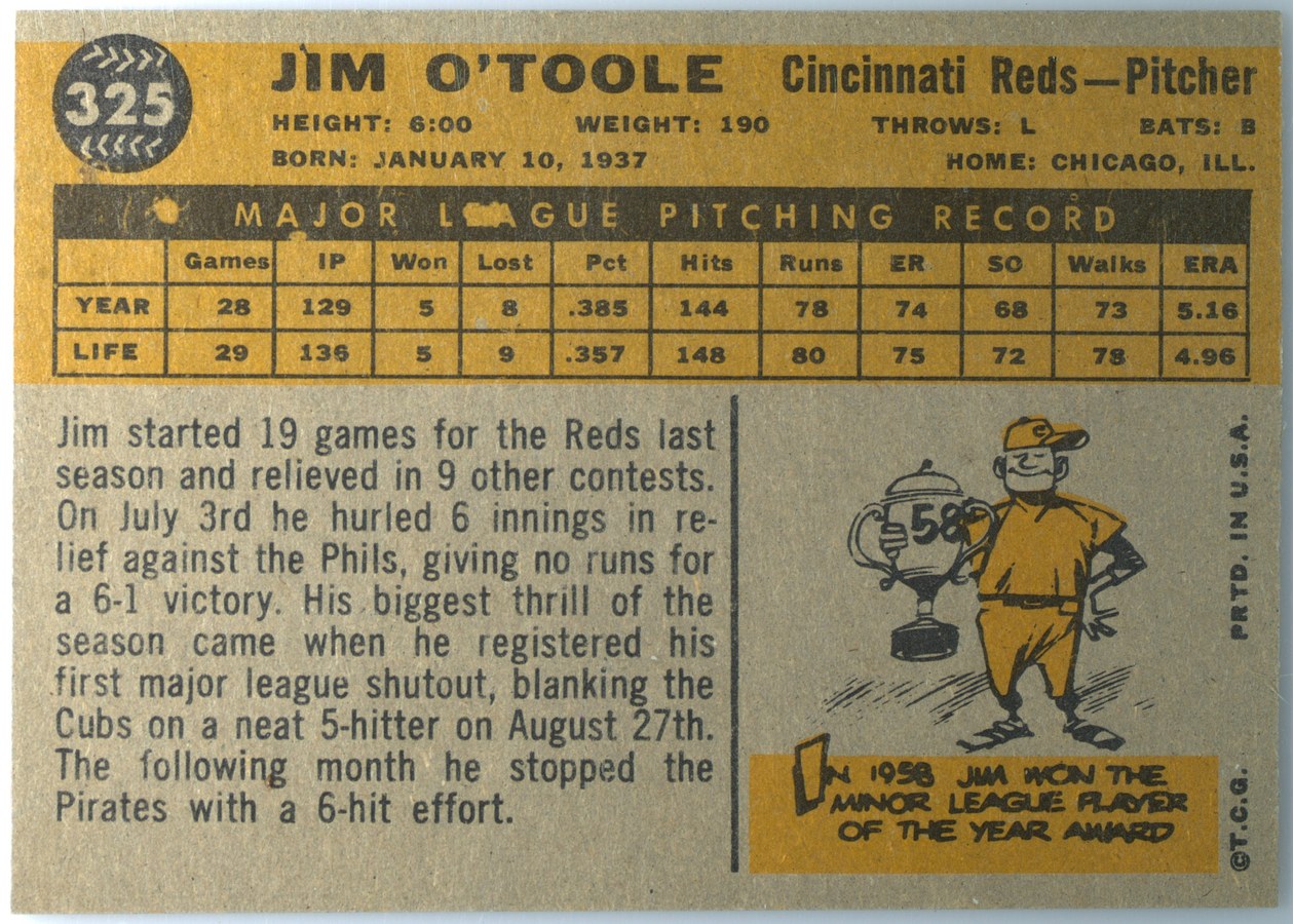 1960 Topps #325 Jim O'Toole card back