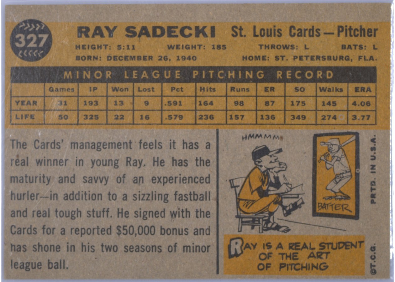 1960 Topps #327 Ray Sadecki card back