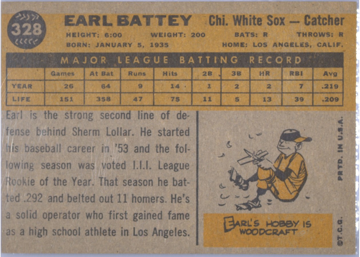 1960 Topps #328 Earl Battey card back