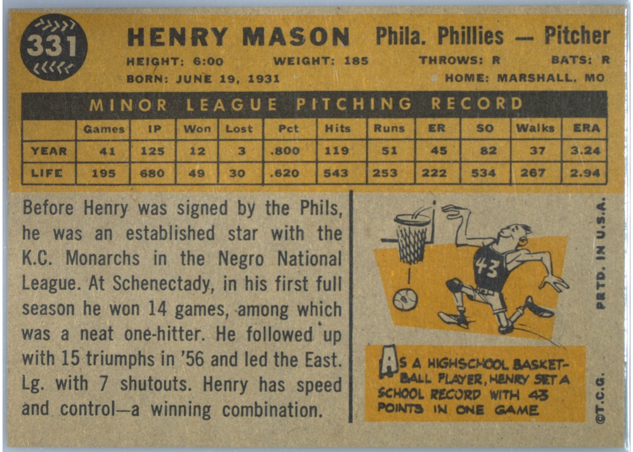 1960 Topps #331 Henry Mason card back