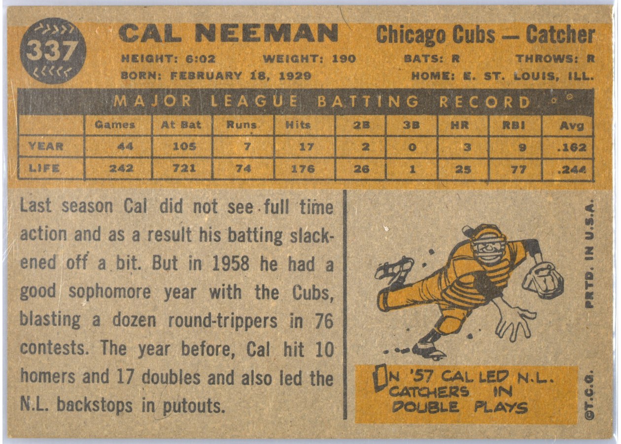 1960 Topps #337 Cal Neeman card back