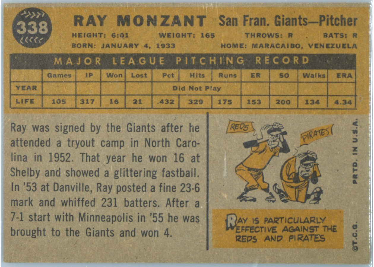 1960 Topps #338 Ray Monzant card back