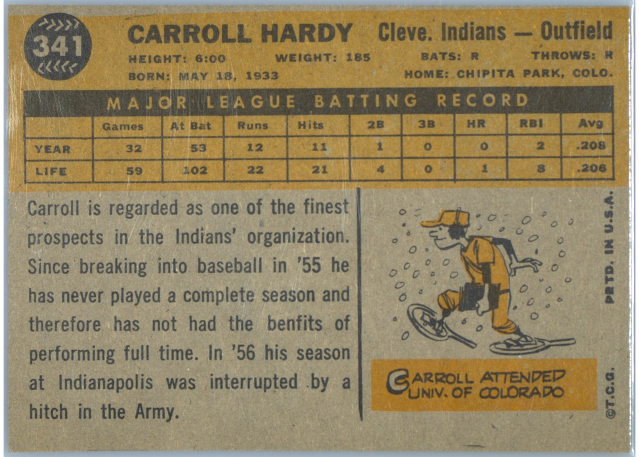 1960 Topps #341 Carroll Hardy card back