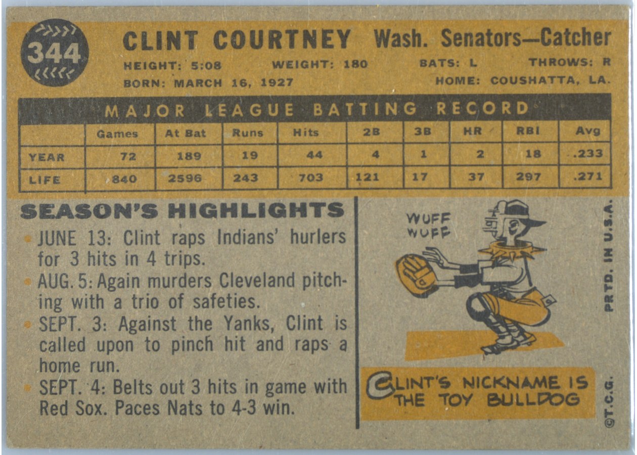 1960 Topps #344 Clint Courtney card back