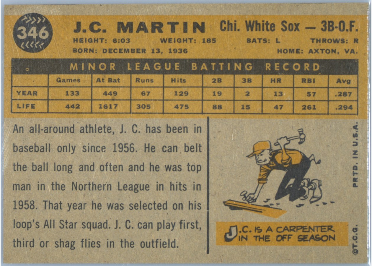 1960 Topps #346 J.C. Martin card back