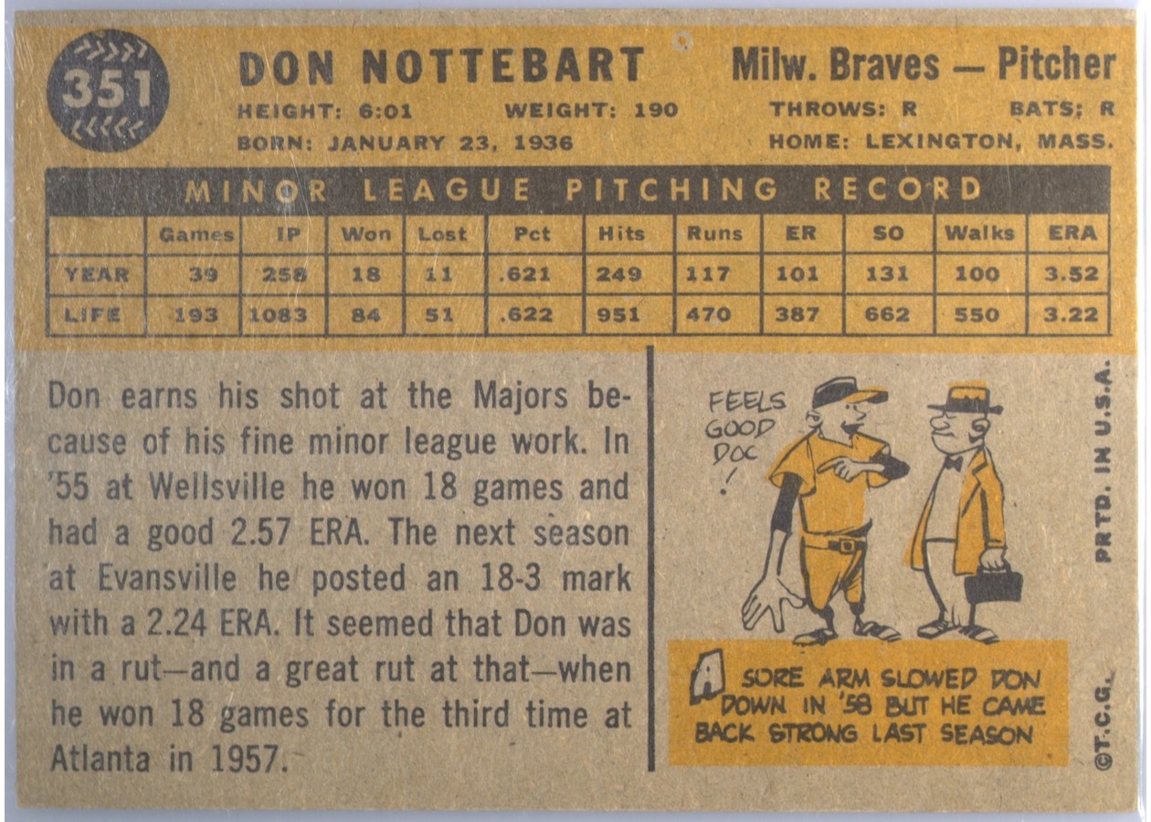 1960 Topps #351 Don Nottebart card back