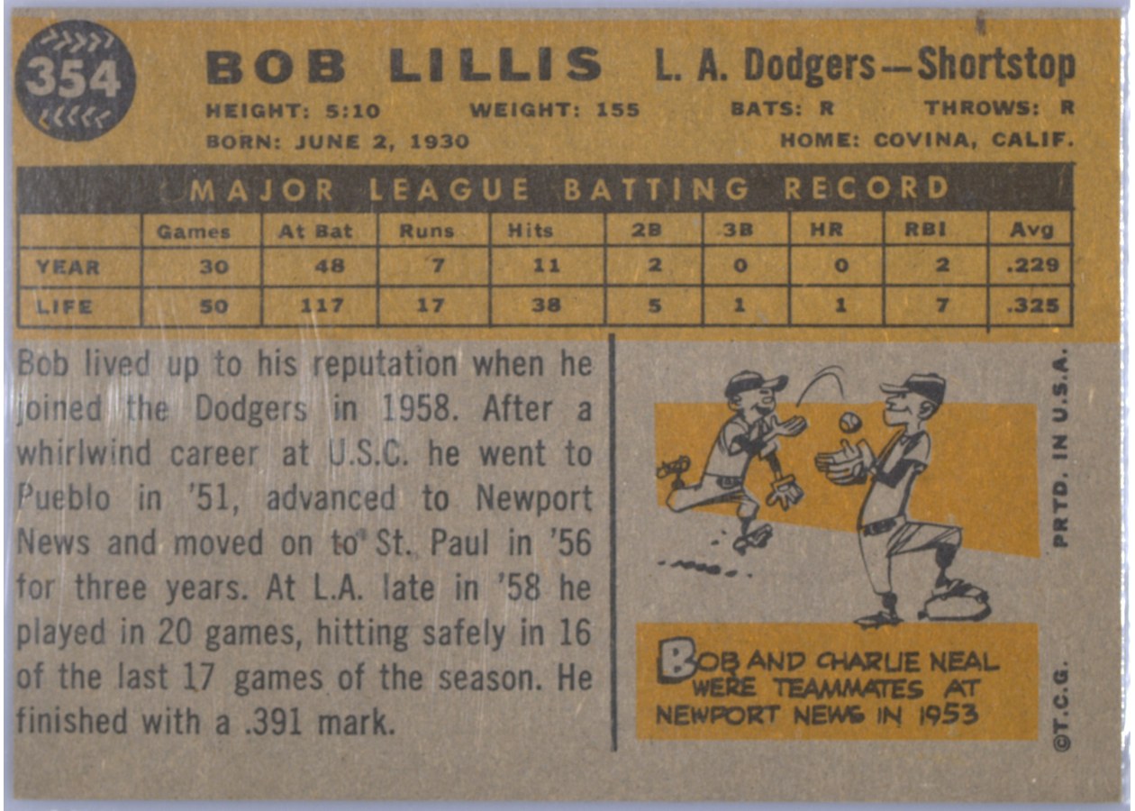 1960 Topps #354 Bob Lillis card back