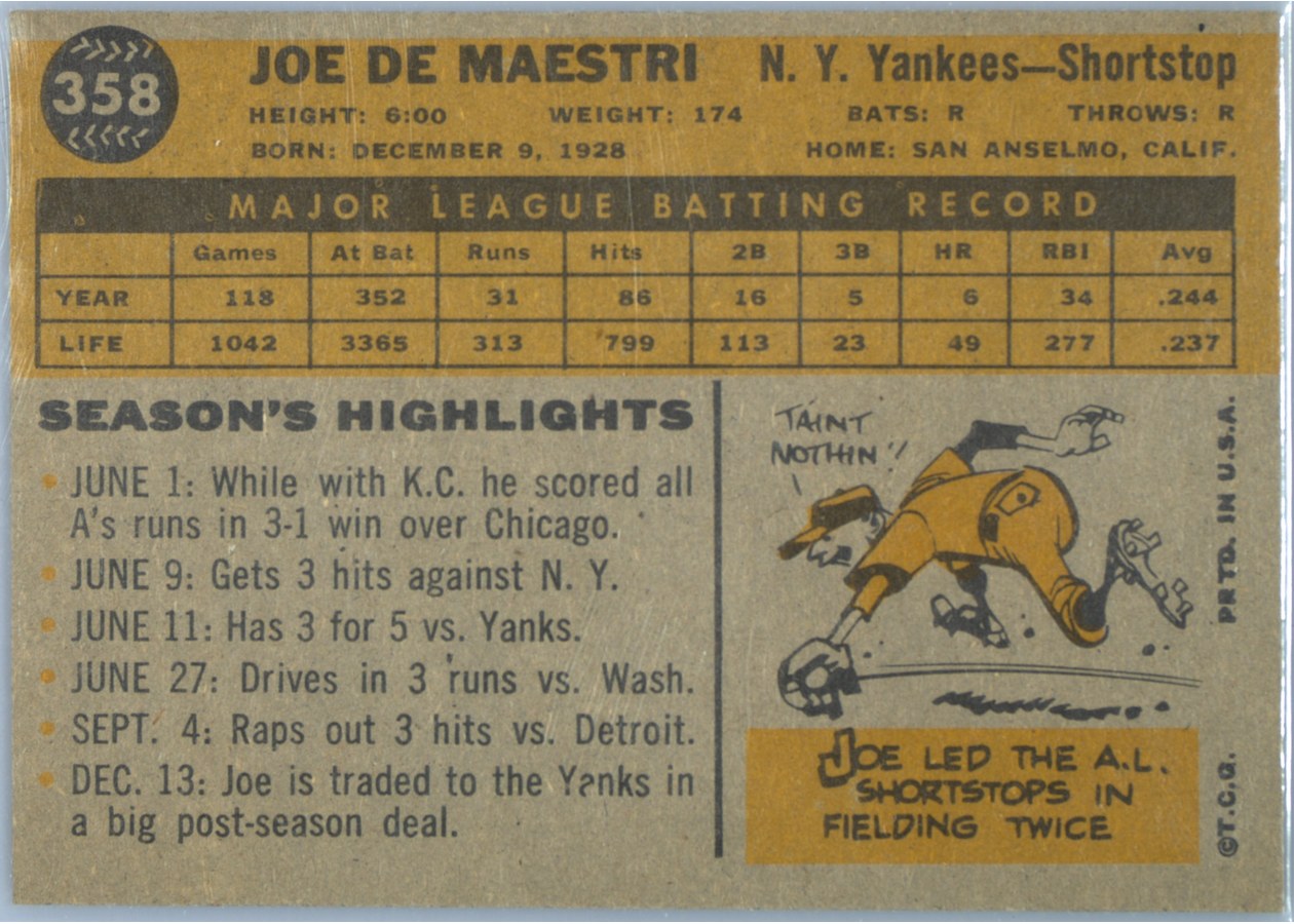 1960 Topps #358 Joe DeMaestri card back