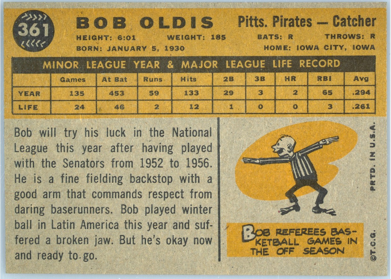 1960 Topps #361 Bob Oldis card back