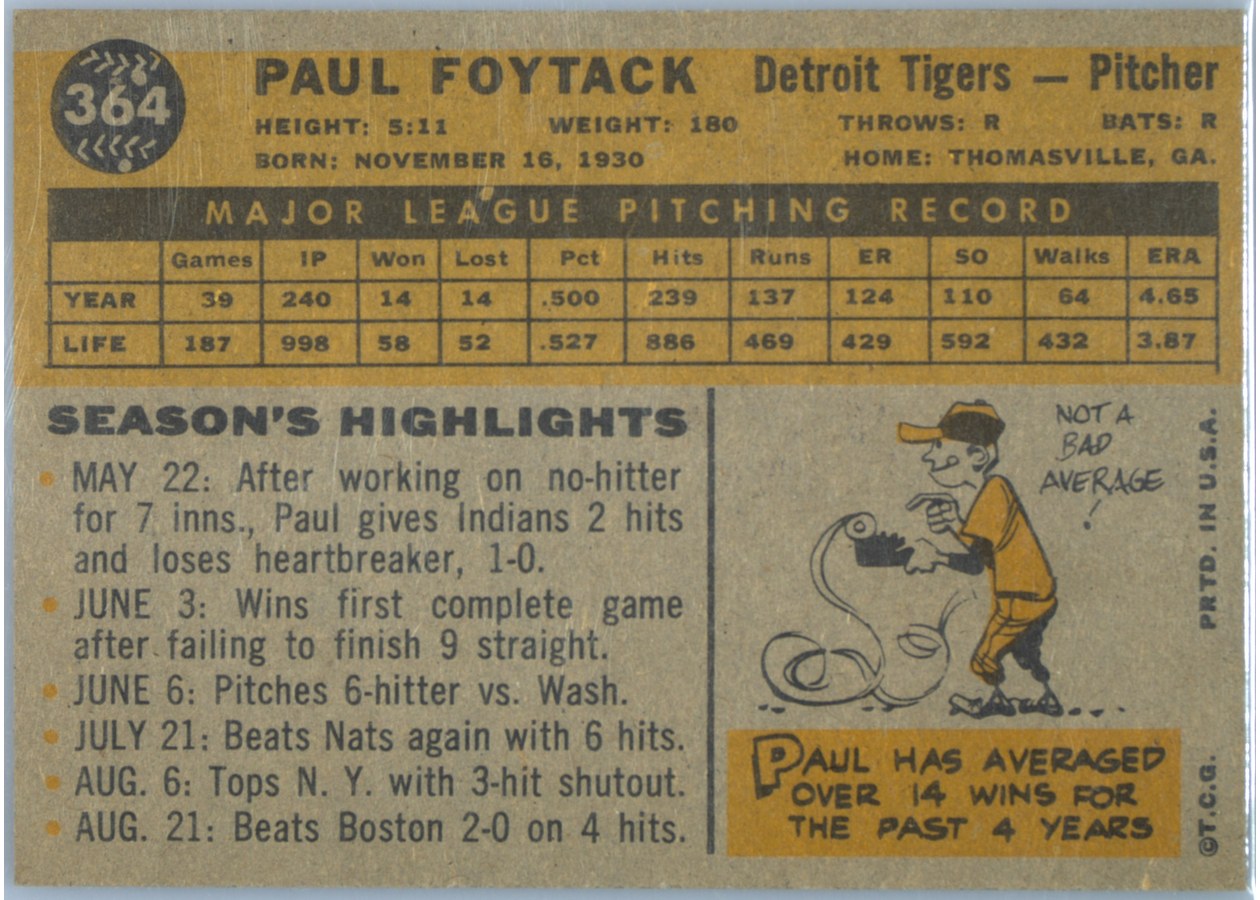1960 Topps #364 Paul Foytack card back