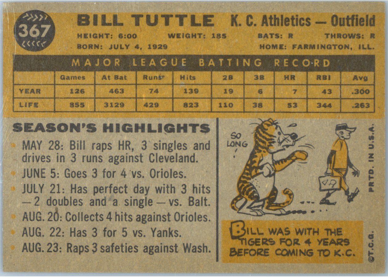 1960 Topps #367 Bill Tuttle card back