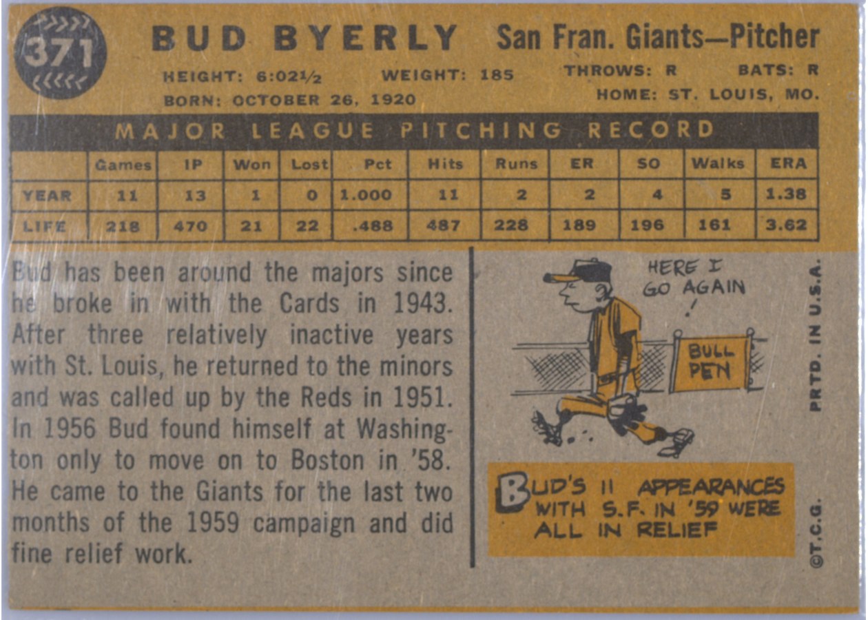 1960 Topps #371 Bud Byerly card back