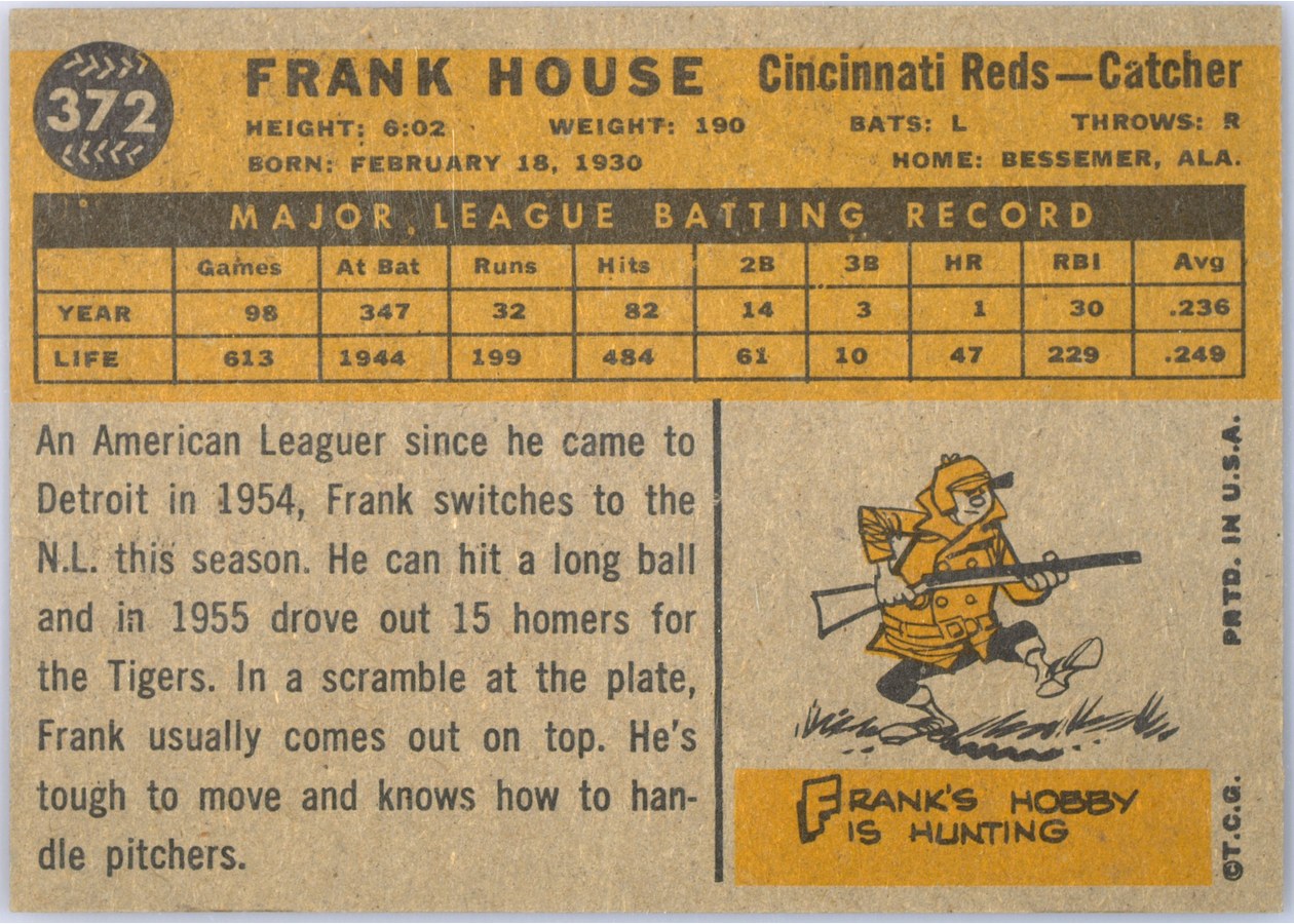 1960 Topps #372 Frank House card back