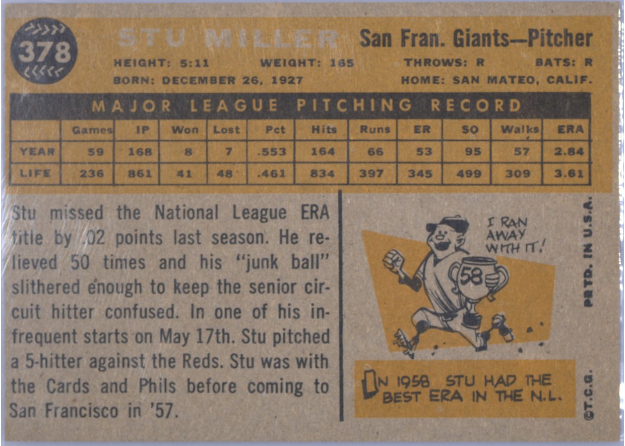 1960 Topps #378 Stu Miller card back