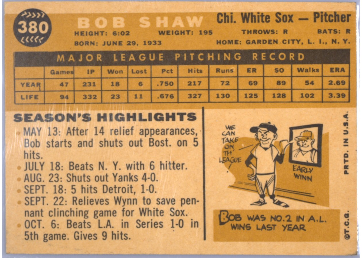 1960 Topps #380 Bob Shaw card back