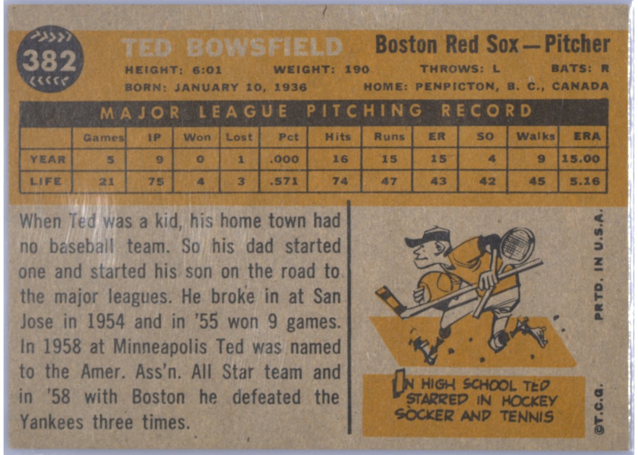 1960 Topps #382 Ted Bowsfield card back