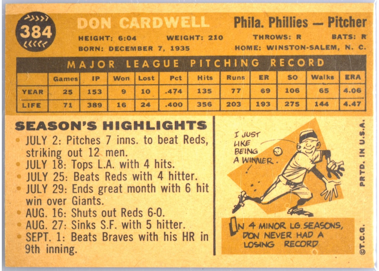 1960 Topps #384 Don Cardwell card back