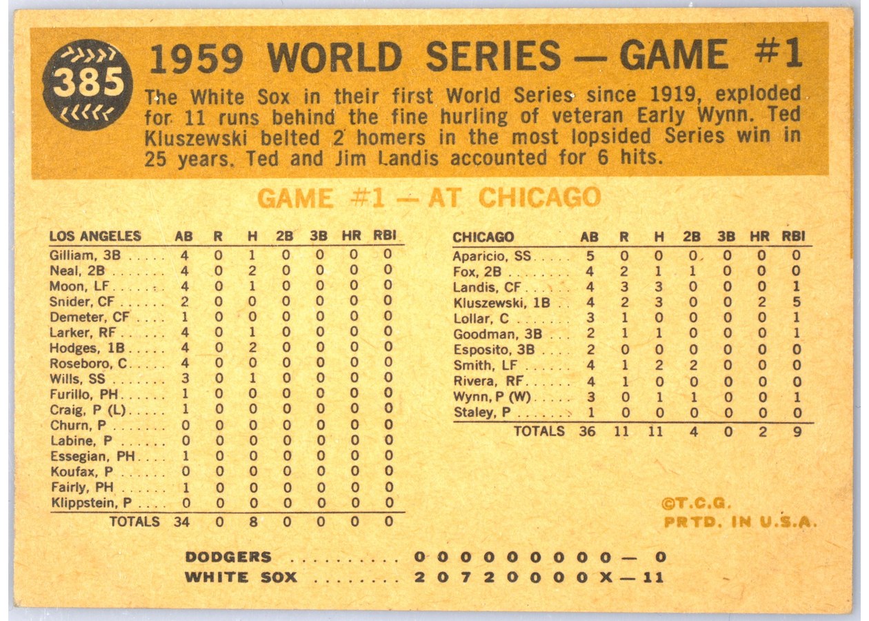 1960 Topps #385 1959 World Series Game #1 - Neal Steals Second card back