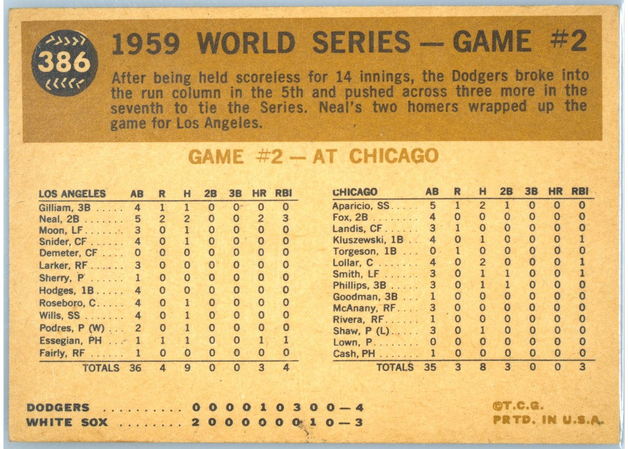 1960 Topps #386 1959 World Series Game #2 - Neal Belts 2nd Homer card back